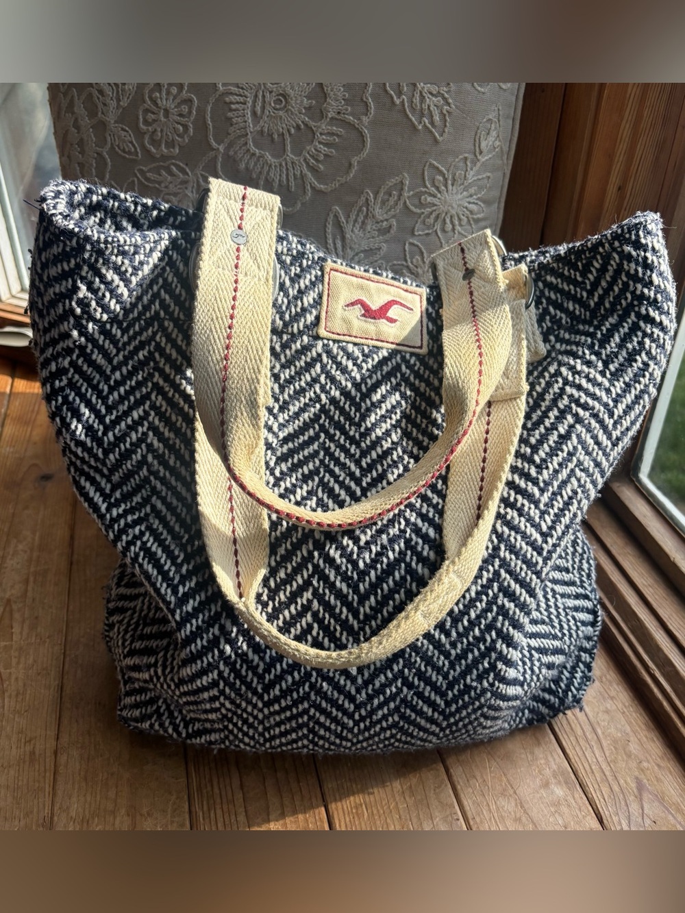 Hollister Navy and Cream Wool Blend Tote Bag